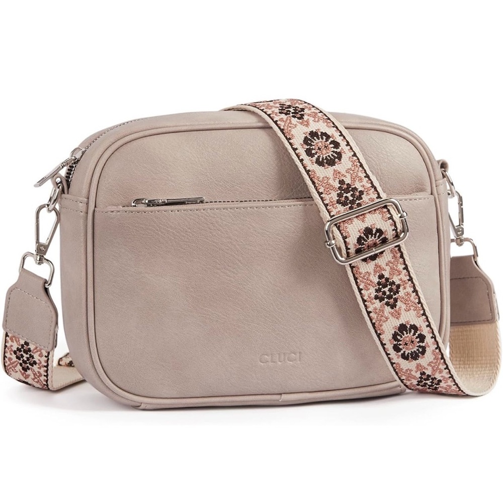 Elegant Beige Crossbody Bag with Floral Strap